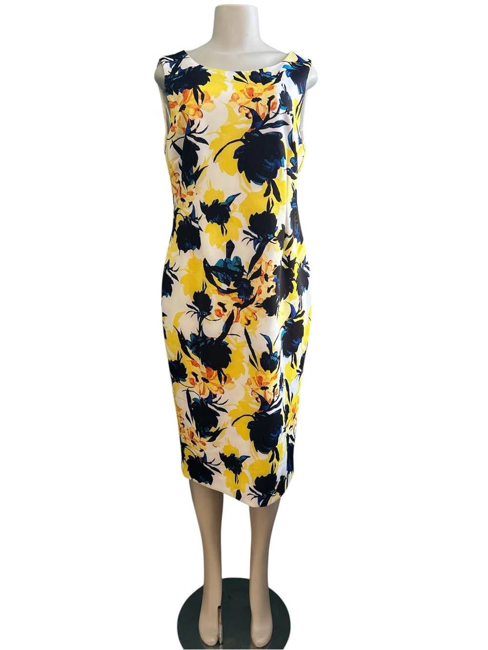 Ivanka Trump Yellow & Navy Floral Midi Sheath Dress